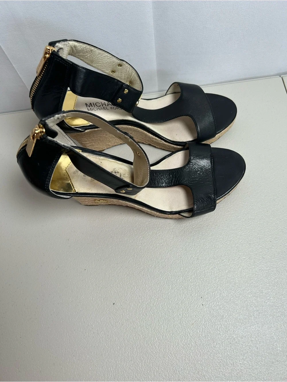 Michael Kors Black Leather Wedge Sandals with Gold Accent In 9M